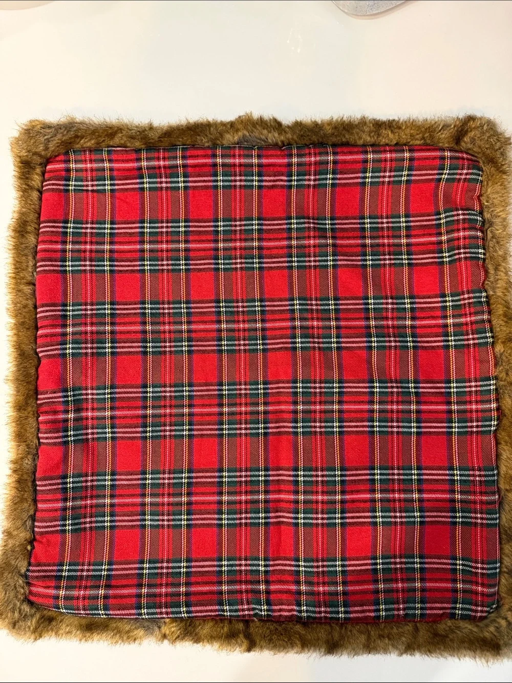 Pottery Barn Red Plaid Faux Fur Trim Accent Pillow Cover